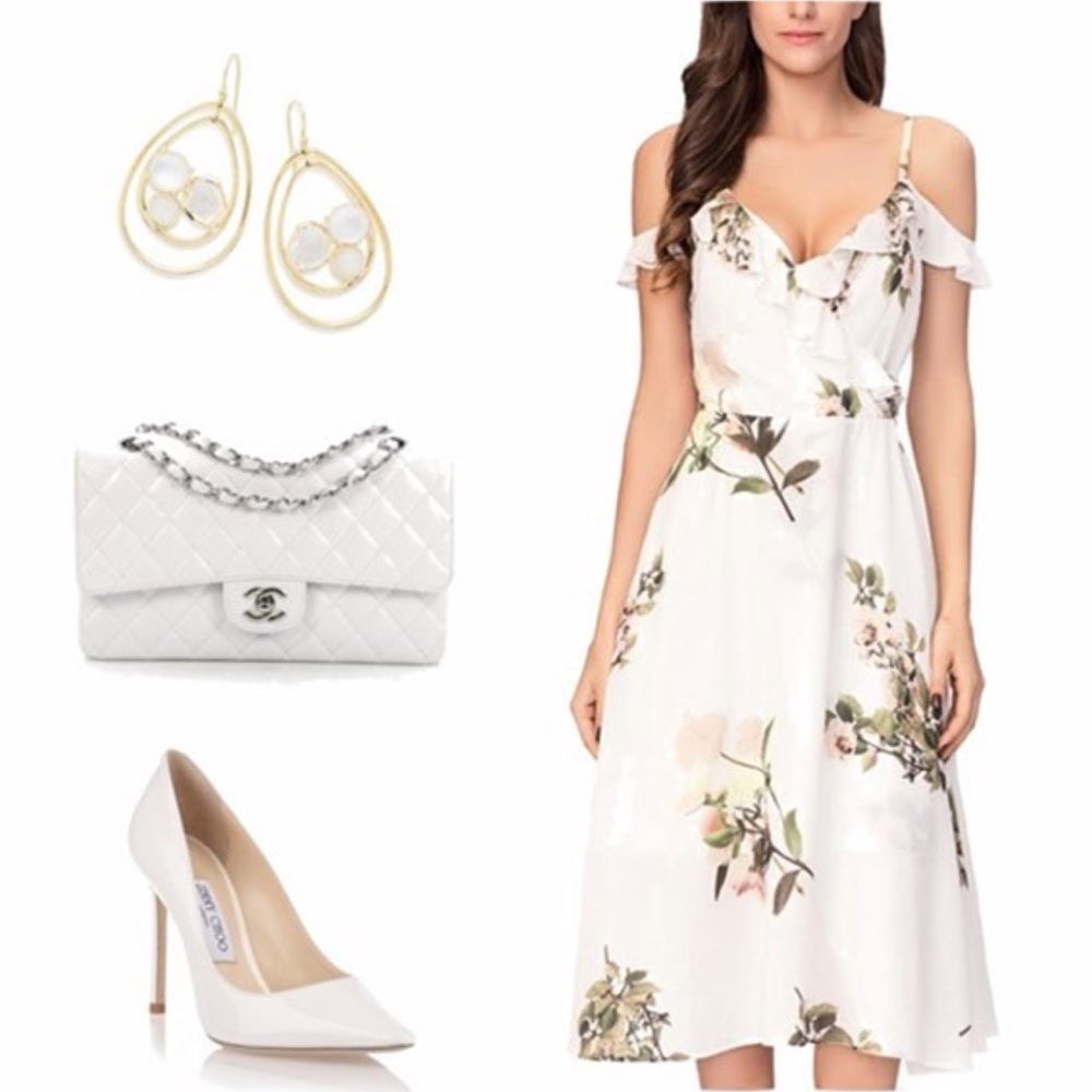 Boho Floral Chiffon Cold Shoulder Front Slit Dress - Picture 6 of 8